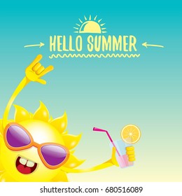 hello summer rock n roll vector label or logo. summer cocktail party background with funky smiling sun character wearing sunglasses and holding cocktail glass with lemon and drinking straw.