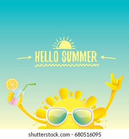 hello summer rock n roll vector label or logo. summer cocktail party background with funky smiling sun character wearing sunglasses and holding cocktail glass with lemon and drinking straw.