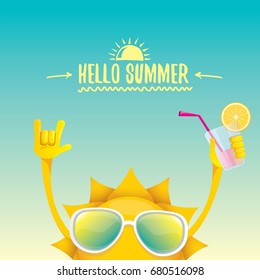 hello summer rock n roll vector label or logo. summer cocktail party background with funky smiling sun character wearing sunglasses and holding cocktail glass with lemon and drinking straw.