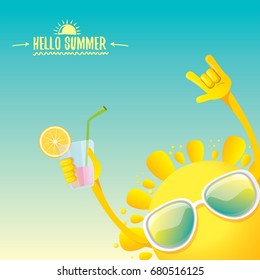 hello summer rock n roll vector label or logo. summer cocktail party background with funky smiling sun character wearing sunglasses and holding cocktail glass with lemon and drinking straw.