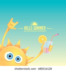 hello summer rock n roll vector label or logo. summer cocktail party background with funky smiling sun character wearing sunglasses and holding cocktail glass with lemon and drinking straw.