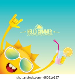 hello summer rock n roll vector label or logo. summer cocktail party background with funky smiling sun character wearing sunglasses and holding cocktail glass with lemon and drinking straw.