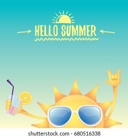 hello summer rock n roll vector label or logo. summer cocktail party background with funky smiling sun character wearing sunglasses and holding cocktail glass with lemon and drinking straw.