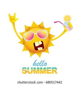 hello summer rock n roll vector label or logo. summer cocktail party background with funky smiling sun character wearing sunglasses and holding cocktail glass with lemon and drinking straw.