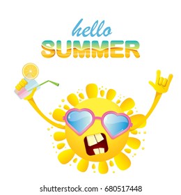 hello summer rock n roll vector label or logo. summer cocktail party background with funky smiling sun character wearing sunglasses and holding cocktail glass with lemon and drinking straw.