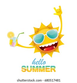 hello summer rock n roll vector label or logo. summer cocktail party background with funky smiling sun character wearing sunglasses and holding cocktail glass with lemon and drinking straw.