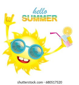 hello summer rock n roll vector label or logo. summer cocktail party background with funky smiling sun character wearing sunglasses and holding cocktail glass with lemon and drinking straw.