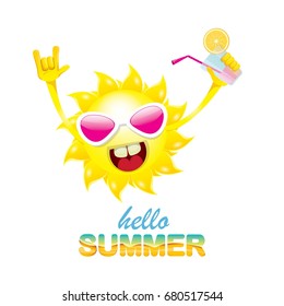 hello summer rock n roll vector label or logo. summer cocktail party background with funky smiling sun character wearing sunglasses and holding cocktail glass with lemon and drinking straw.