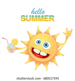 hello summer rock n roll vector label or logo. summer cocktail party background with funky smiling sun character wearing sunglasses and holding cocktail glass with lemon and drinking straw.