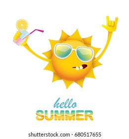 hello summer rock n roll vector label or logo. summer cocktail party background with funky smiling sun character wearing sunglasses and holding cocktail glass with lemon and drinking straw.