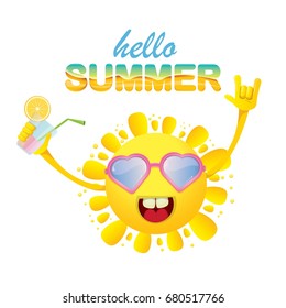 hello summer rock n roll vector label or logo. summer cocktail party background with funky smiling sun character wearing sunglasses and holding cocktail glass with lemon and drinking straw.