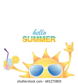 hello summer rock n roll vector label or logo. summer cocktail party poster background with funky smiling sun character wearing sunglasses and holding cocktail glass with lemon and drinking straw.