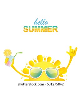 hello summer rock n roll vector label or logo. summer cocktail party poster background with funky smiling sun character wearing sunglasses and holding cocktail glass with lemon and drinking straw.