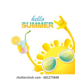 hello summer rock n roll vector label or logo. summer cocktail party poster background with funky smiling sun character wearing sunglasses and holding cocktail glass with lemon and drinking straw.