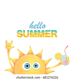 hello summer rock n roll vector label or logo. summer cocktail party poster background with funky smiling sun character wearing sunglasses and holding cocktail glass with lemon and drinking straw.