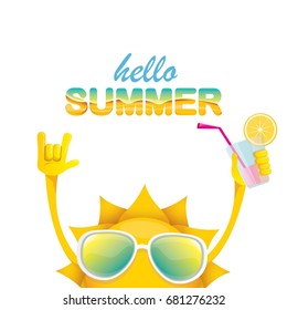 hello summer rock n roll vector label or logo. summer cocktail party poster background with funky smiling sun character wearing sunglasses and holding cocktail glass with lemon and drinking straw.