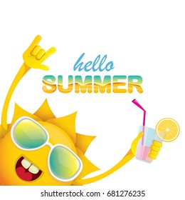 hello summer rock n roll vector label or logo. summer cocktail party poster background with funky smiling sun character wearing sunglasses and holding cocktail glass with lemon and drinking straw.