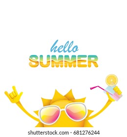 hello summer rock n roll vector label or logo. summer cocktail party poster background with funky smiling sun character wearing sunglasses and holding cocktail glass with lemon and drinking straw.