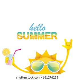 hello summer rock n roll vector label or logo. summer cocktail party poster background with funky smiling sun character wearing sunglasses and holding cocktail glass with lemon and drinking straw.