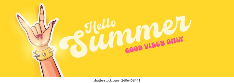 Hello Summer Rock On Vector: Female Hand with Devil Horns, Spiked Bracelet and Pink Nails on Yellow Background with "Good Vibes Only" Text, Cheerful Summer Design