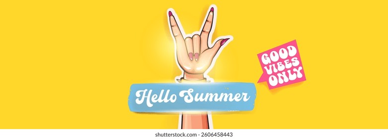 Hello Summer Rock On Vector: Female Hand with Devil Horns, Spiked Bracelet and Pink Nails on Yellow Background with "Good Vibes Only" Text, Cheerful Summer Design