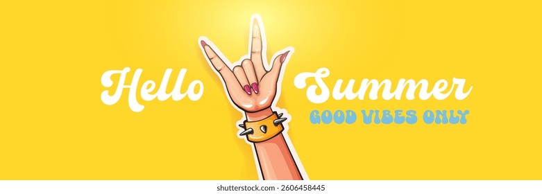Hello Summer Rock On Vector: Female Hand with Devil Horns, Spiked Bracelet and Pink Nails on Yellow Background with "Good Vibes Only" Text, Cheerful Summer Design