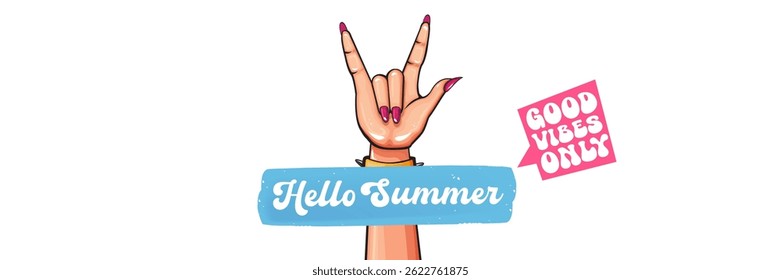 Hello Summer Rock On Vetor Mão Feminina com Chifres do Diabo, Pulseira Pontilhada e Unhas Rosa no Fundo azul com boas vibrações Apenas Texto, Design de Verão alegre