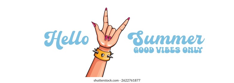 Hello Summer Rock On Vetor Mão Feminina com Chifres do Diabo, Pulseira Pontilhada e Unhas Rosa no Fundo azul com boas vibrações Apenas Texto, Design de Verão alegre