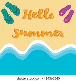 Hello summer romantic vector card with flip-flops