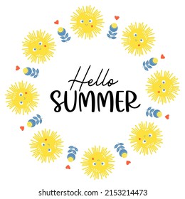 Hello summer. Round Postcard-frame with cute sun and blue-yellow flowers. Vector illustration for decor, design, print and napkins, signage, decoration and postcards