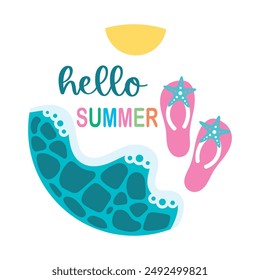 Hello summer round sign,  Vector design, Summer Illustration 