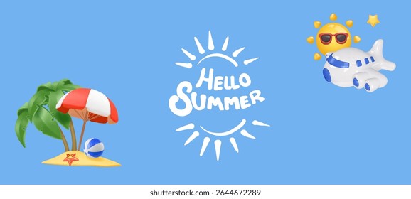 Hello Summer Sale with airplane and Tropical Beach Elements,Vector of Summer Sale Banner or Poster template with beach umbrella, palm tree and Tropical Elements.