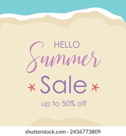 Hello summer sale background. Summer banner with sea and sand . Summer sale banner. Vector illustration summer greeting.