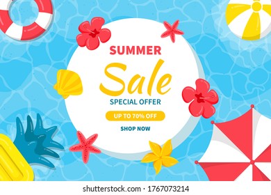 Hello Summer sale background. Beautiful background for summer sale with umbrellas, beach balls, starfish and tropical flowers in the sea.