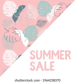 Hello Summer, Summer Sale, background vector image with tropical leaves. Template for card, post, banner design.