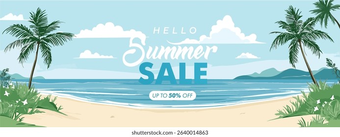 Hello Summer Sale Banner with Beach and Palm Trees