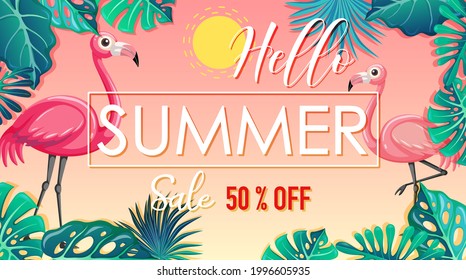 Hello Summer Sale banner with flamingo and tropical leaves illustration