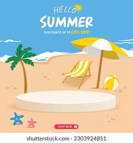 hello summer sale banner illustration, vector, shopping, flash sale, podium.