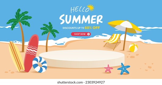 hello summer sale banner illustration, vector, shopping, flash sale, podium.