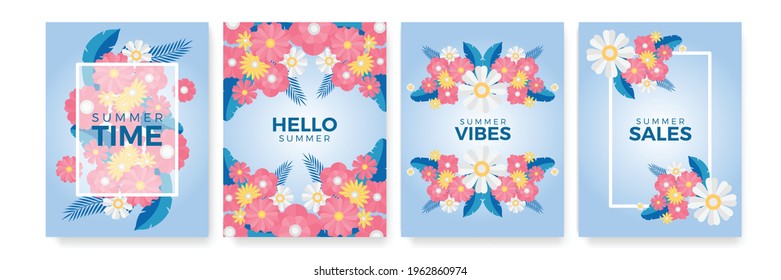 Hello Summer, Sale banner. Also for Mother's Day greeting card, Women's Day, Hello Spring. Trendy abstract floral templates for social media posts, mobile apps, banners design and web or internet ads