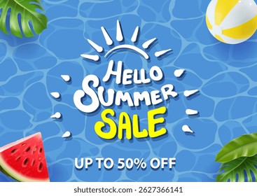 Hello Summer sale banner on water surface background vector. Blue sea hand drawn surface ocean, sea, pool with beach ball, tropical leaves, watermelon ,