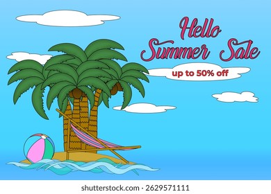 Hello Summer Sale Banner with Palm Trees, Hammock, Beach Ball, and Ocean Waves on Blue Sky Background. For summertime seasonal promotion, social media, online store, poster, flyer, marketing material.
