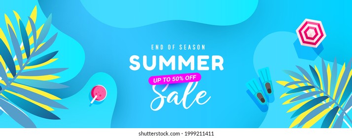 Hello Summer sale banner with sea tropical leaves background.