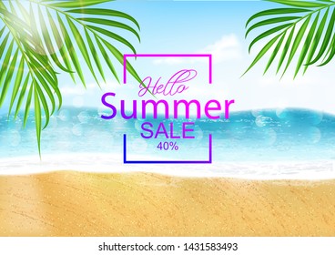 Hello summer, sale banner, tropical leaves, sea and sand realistic, vector illustration, travel banner