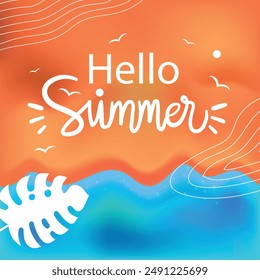 Hello summer sale Beach Spring festival party sea vacation nature lifestyle travel activity social media post banner Vector Illustration swimming holiday tree plant 