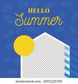 Hello summer sale Beach Spring festival party sea vacation nature lifestyle travel activity social media post banner Vector Illustration swimming holiday tree plant 