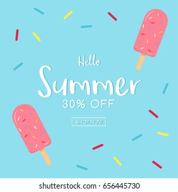 Hello! Summer Sale Card Vector Illustration, Popsicle With Rainbow Sprinkles On Blue Background.