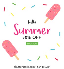 Hello! Summer sale card vector illustration, Ice cream with sprinkles on white background.