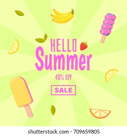 Hello summer sale. Colorful background with ice cream and fruits. Sale ice cream with exotic fruits. Vector illustration