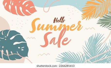 Hello summer sale day text on tropical leaves background. Online shopping banner template.